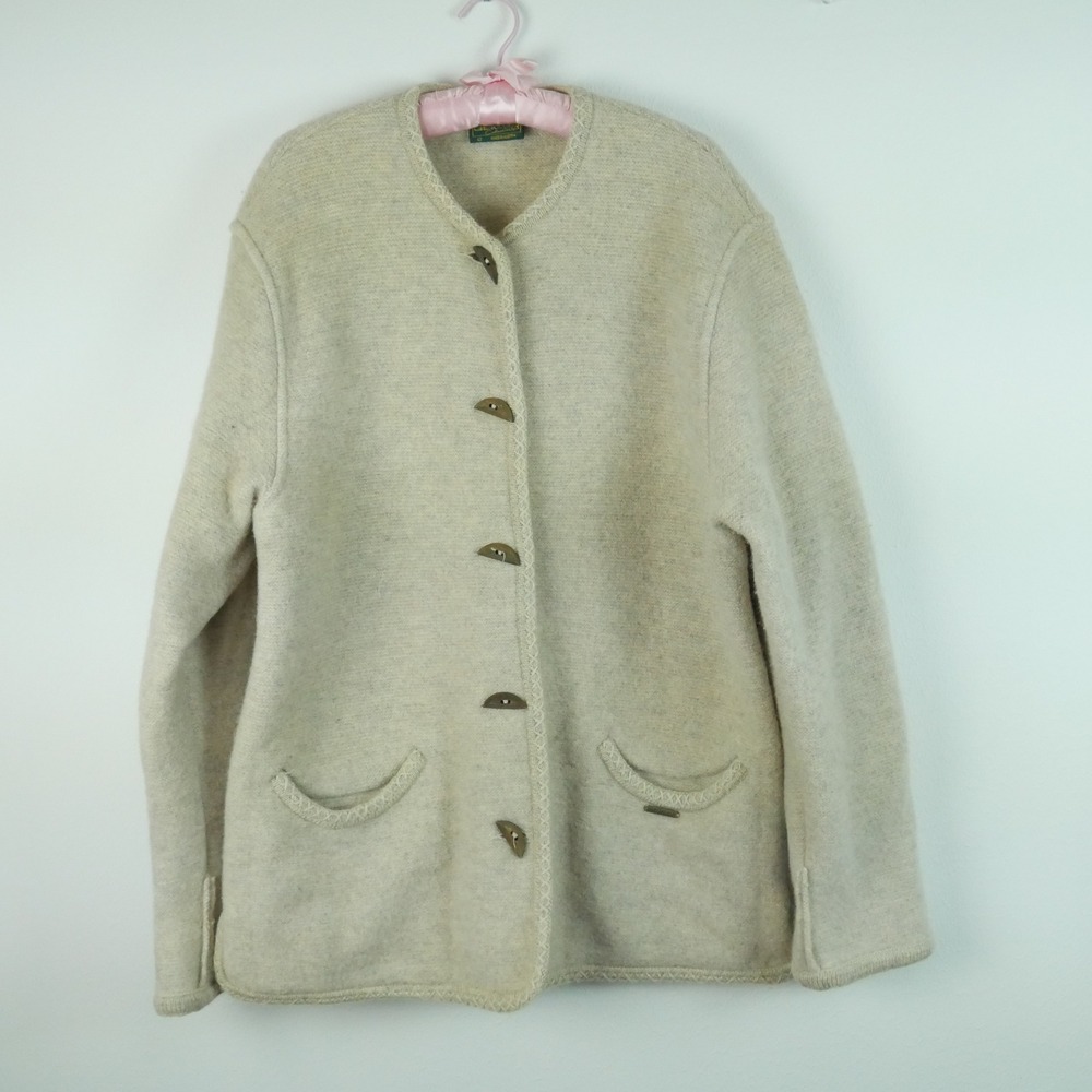 Geiger‎ Boiled Wool Cardigan Jacket Beige Austria 42 Vintage Cottagecore Cabin